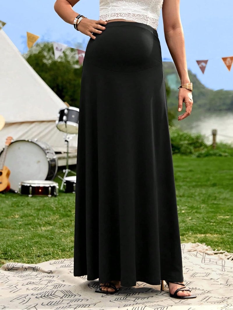 OYOANGLE Women's Maternity High Waist A Line Flared Swing Pregnancy Long Maxi Skirt - Image 4